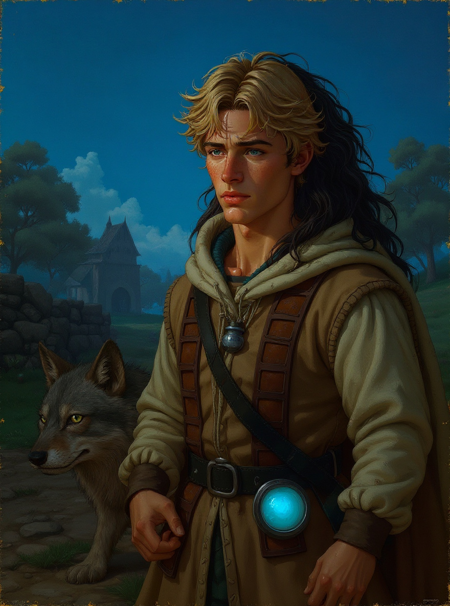 The Vale of Aldur at dusk: Garion stands near a battered stone wall, apple trees in mist, blue Orb light faint at his side. The wounded wolf limps into the orchard, an Angarak arrow in her haunch.