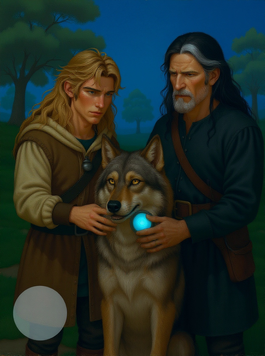Garion kneels by the wolf, hand on her neck; Orb at his belt flares blue.