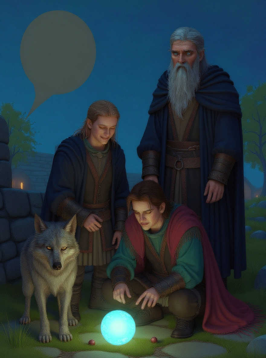 Close on Garion’s hand resting on the Orb pouch; faint blue light fades as he smiles faintly.