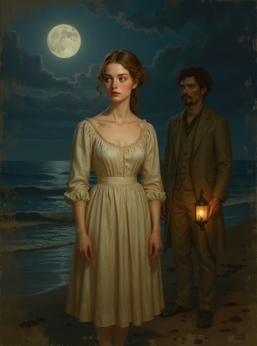 A moonlit Louisiana beach; Edna stands at the water’s edge, looking out at the vast sea, her dress pale and clinging, the sky humid and soft with clouds; Robert is a distant silhouette by a lantern on the shore.