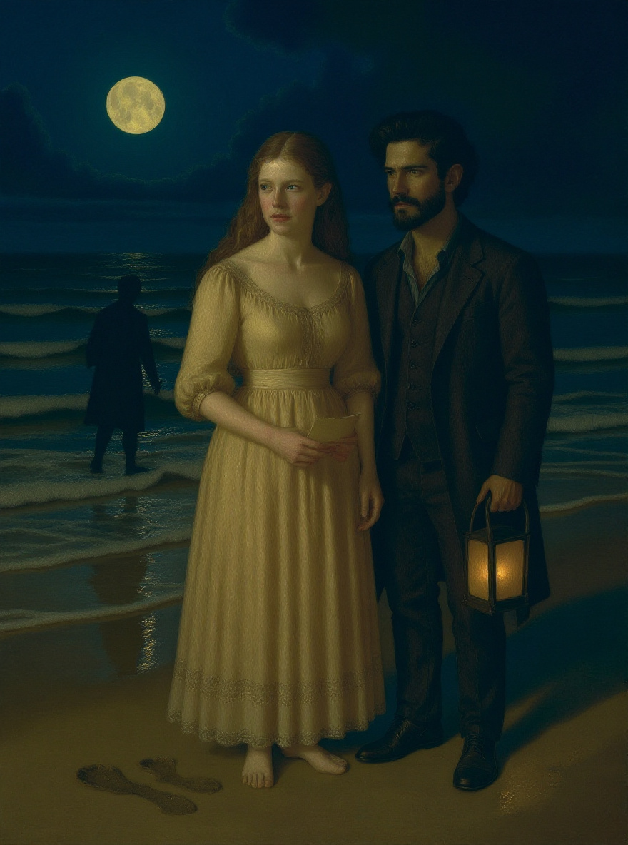 The tide washes over Edna’s footprints, lantern light flickers on the sand, both figures cast long shadows.