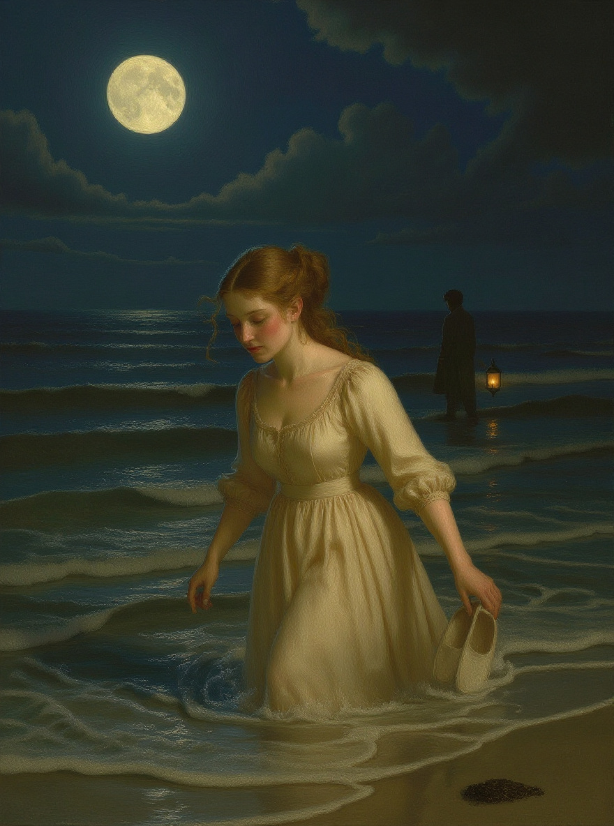 Edna swims alone under moonlight, hair haloed around her head, water reflecting silver, the shore receding.