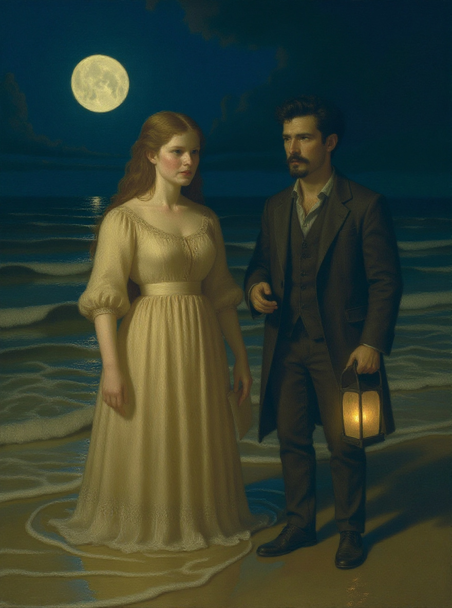 Edna steps from the sea, water streaming from her dress, as Robert waits, lantern casting golden light, his hand outstretched with the folded letter.