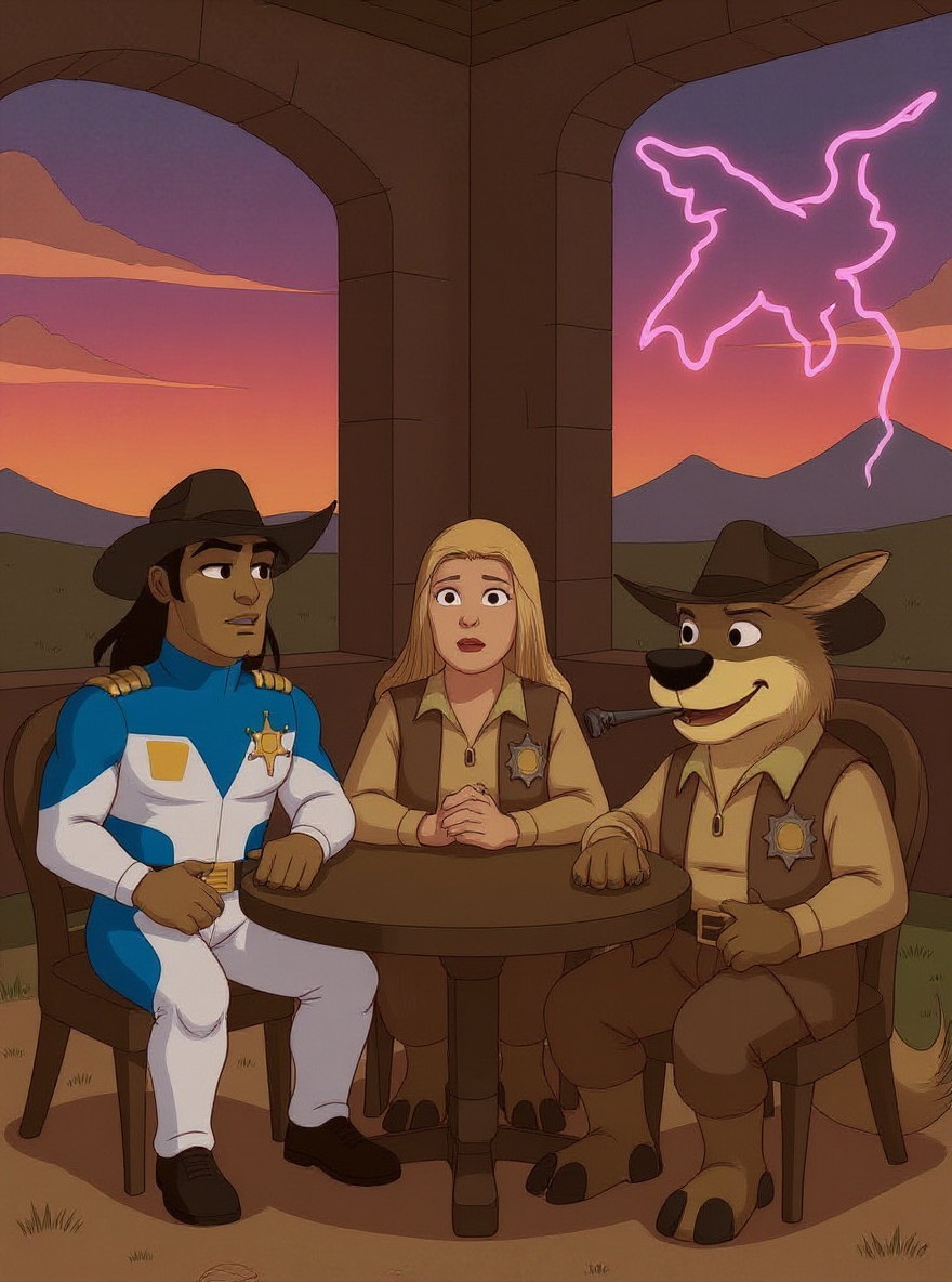 Back inside Fort Kerium, BraveStarr, J.B., and Fuzz share a quiet moment, prairie light through the window.
