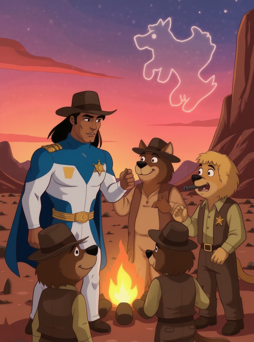 A Prairie Elder by a campfire, face lit golden, gesturing as others listen.