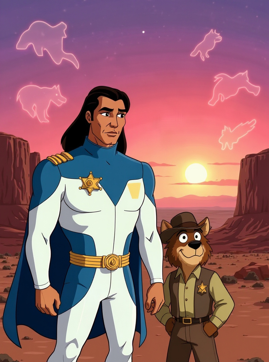 A vast pink-orange prairie at sunset, mesas on the horizon, BraveStarr and Deputy Fuzz walking together near Fort Kerium, animal spirit shapes—bear, hawk, puma, wolf—shimmering subtly above the landscape.