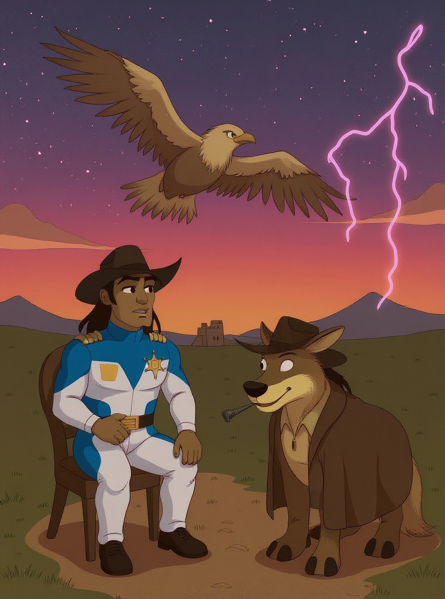 Last panel: a spirit Hawk soars over the prairie at sunrise, Fort Kerium small below.