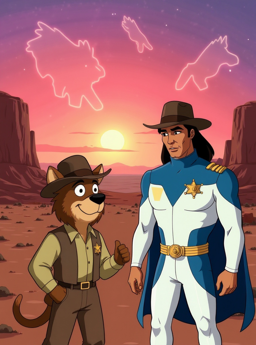 Close on Fuzz, eyes shining as he gestures, BraveStarr listening.