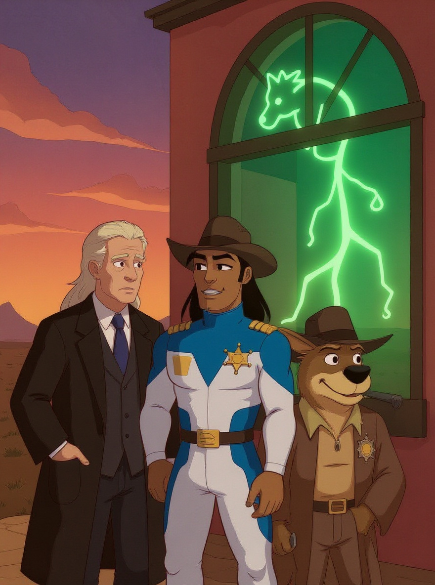 A green lightning storm crackles outside Fort Kerium as J.B. joins BraveStarr at the window, both looking out, Fuzz peeking behind.