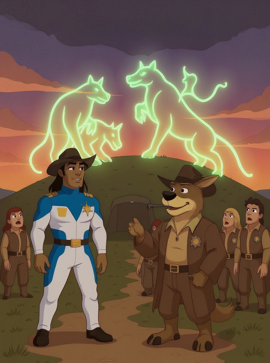 Above the hill, spirit animals—Bear, Hawk, Puma, Wolf—glow as a protective aura, the Prairie People below, BraveStarr and J.B. visible on the town’s edge.