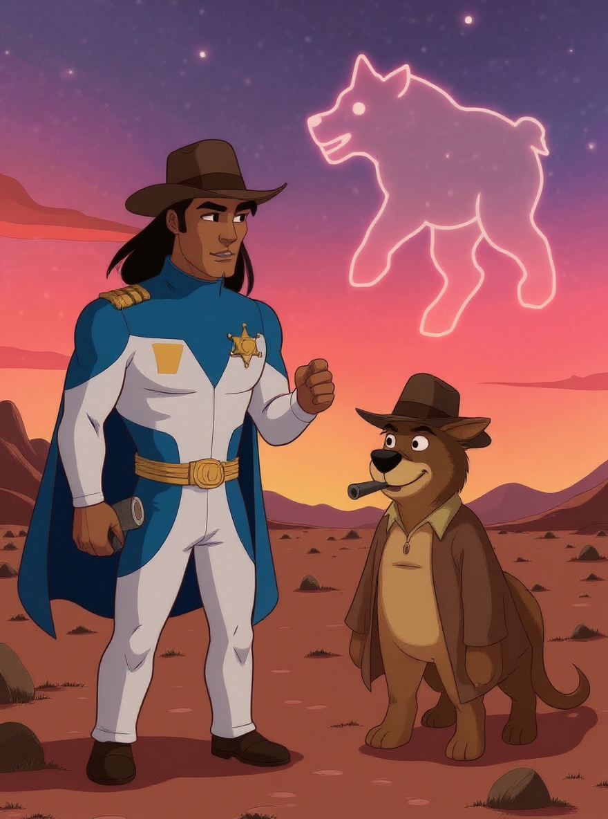 BraveStarr at the mouth of a canyon, seeing a spectral Bear watching at sunset.