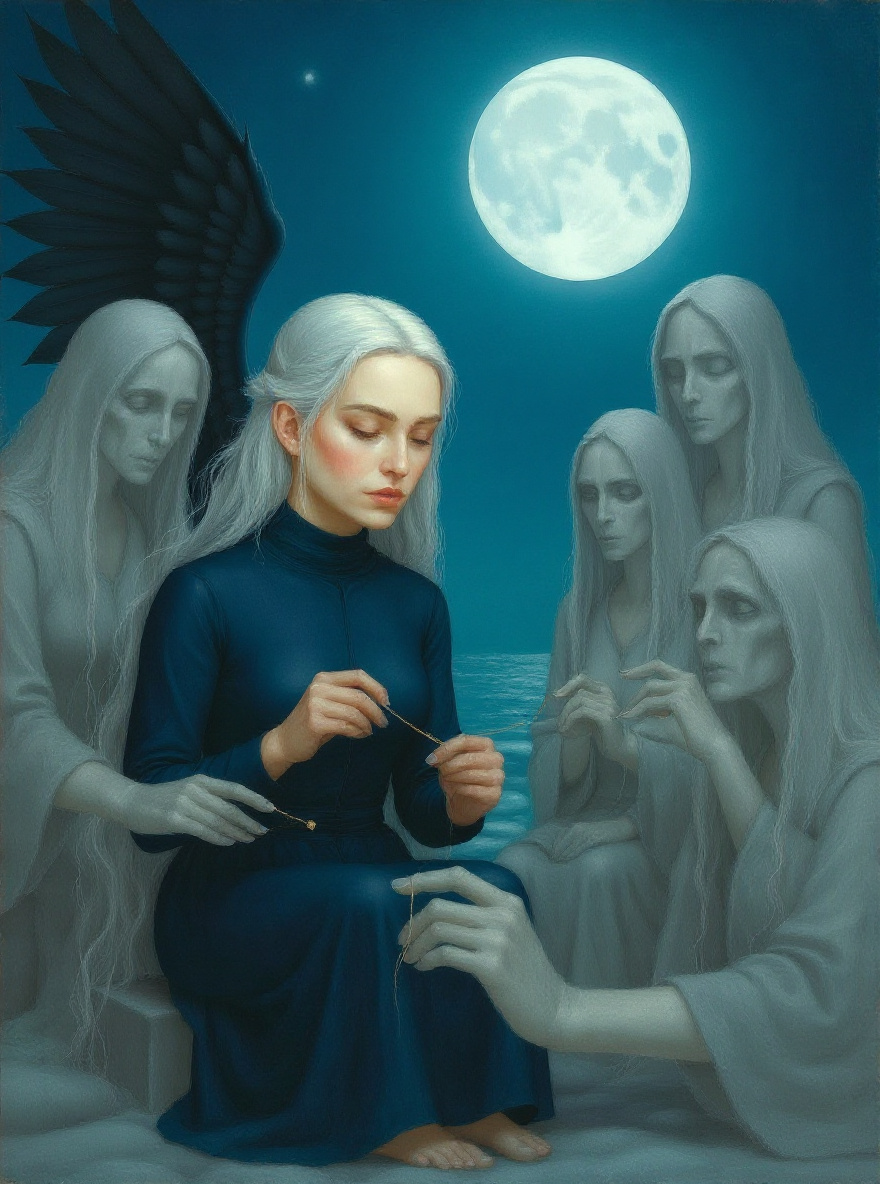 The wraith-brides spin threads of silver memory; Aeriel's spindle glows faint gold.