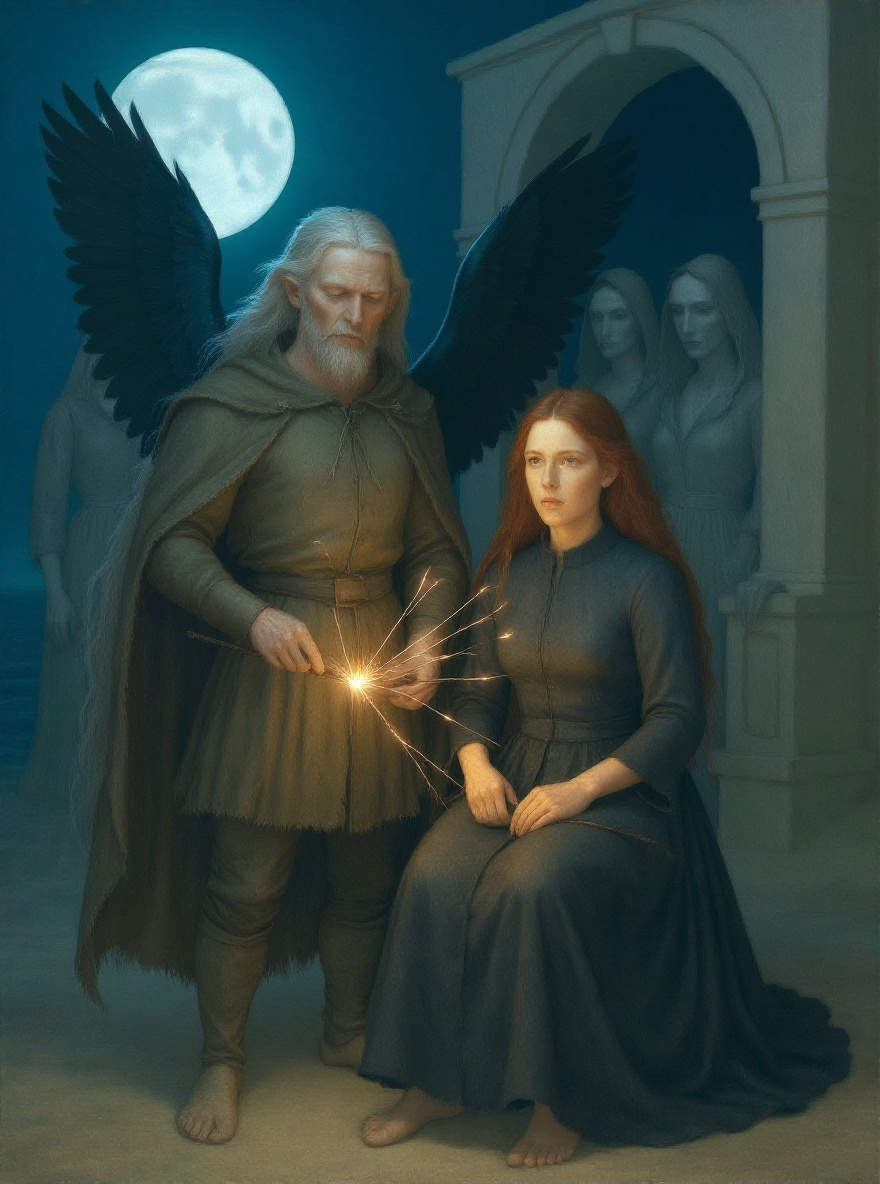 Irrylath appears, wings spread, facing Aeriel across the fractured spinning room, shards of moonlight falling, Eoduin and wraiths frozen behind.