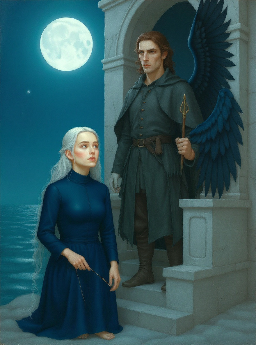 Aeriel glances up as black wings cast a shadow from above—a presence watches.