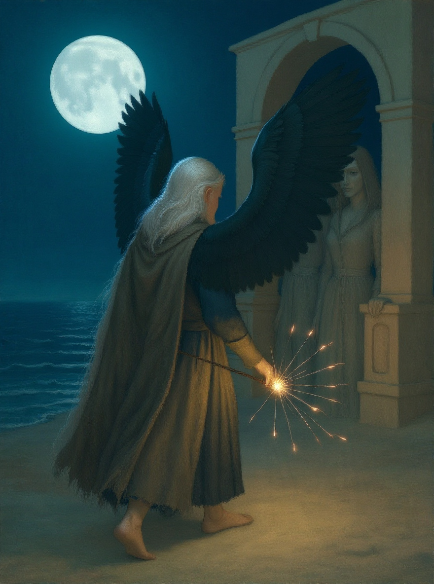 Aeriel leaves the keep, spindle empty, dawn gold barely touching the dust-sea horizon.