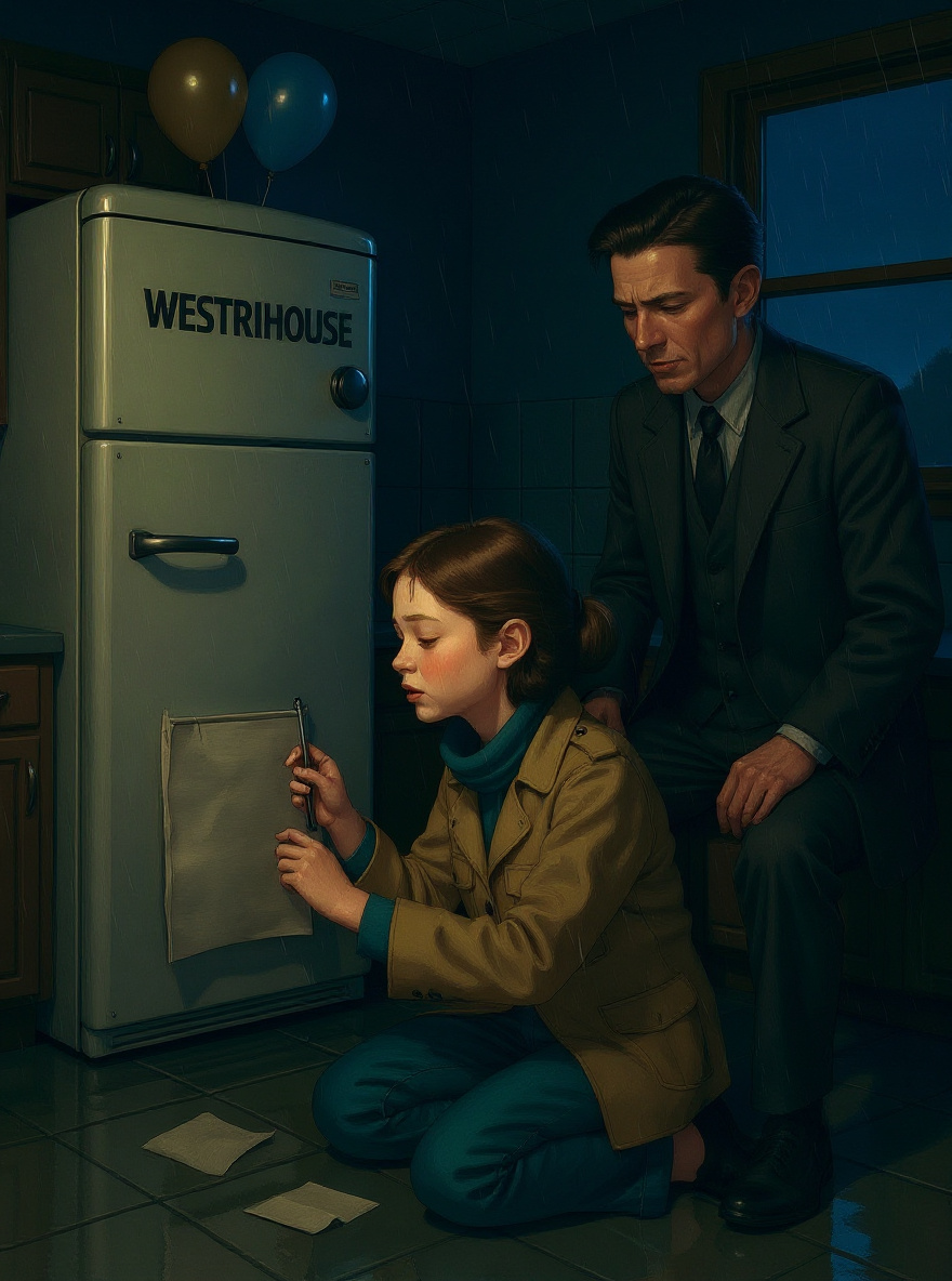 Nighttime. Rachel in pajamas unscrews a small panel at the fridge's base with her father's screwdriver. Shadows stretch across the linoleum.