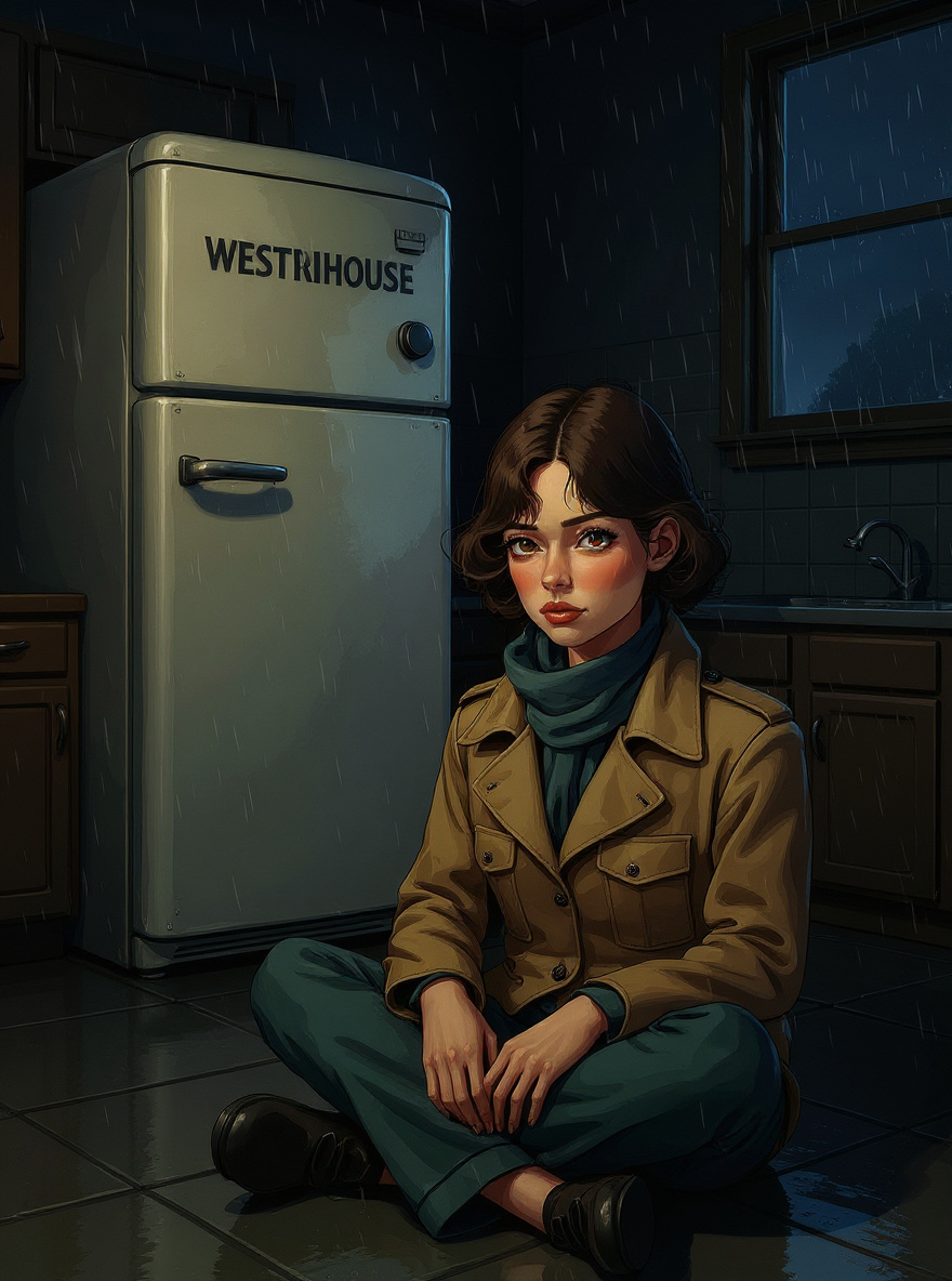 Rachel, age 11, sits cross-legged in pajamas on the linoleum floor in a dim, rain-streaked 1950s kitchen, staring up at a massive white Westinghouse refrigerator; the room is cast in muted blues and browns, with rain tapping the window and soft kitchen light catching edges of paper and cloth.