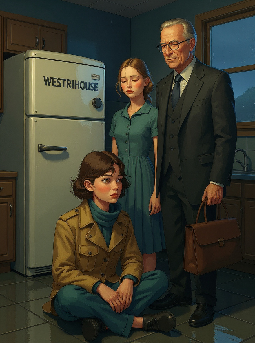 The kitchen by day; Rachel, in a dress, stands with her father near the refrigerator. He gestures to an ad in Life Magazine, Rachel's face skeptical.