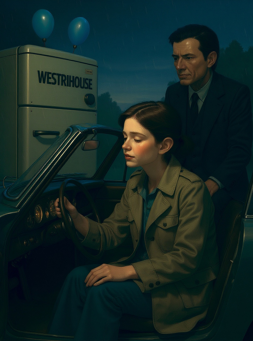 A memory: late teen Rachel in a 1960s British sports car, dashboard lit at dawn, her hand on the gearshift, hint of a smile.