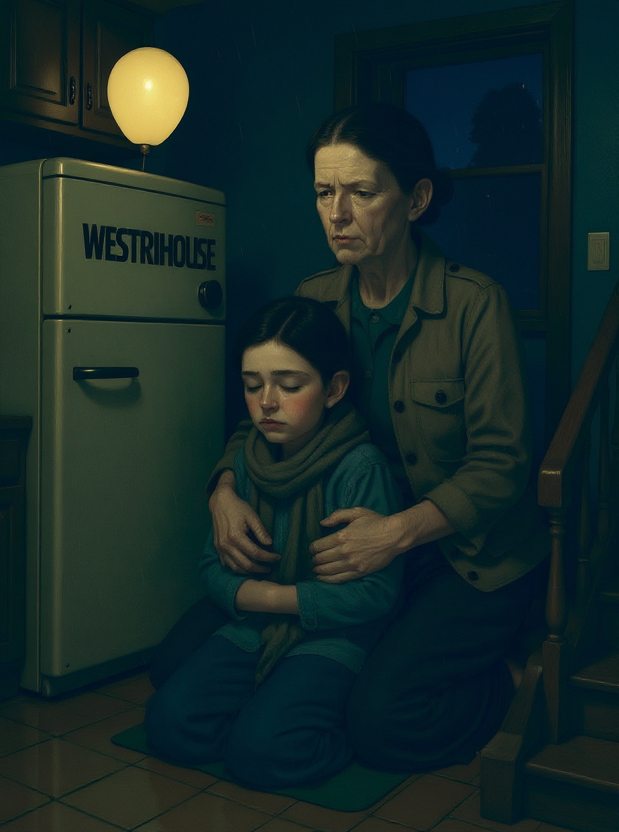 Stairwell: Mrs. Owlglass gently carries sleepy Rachel up the stairs, the kitchen door behind them aglow; rain taps at the window.