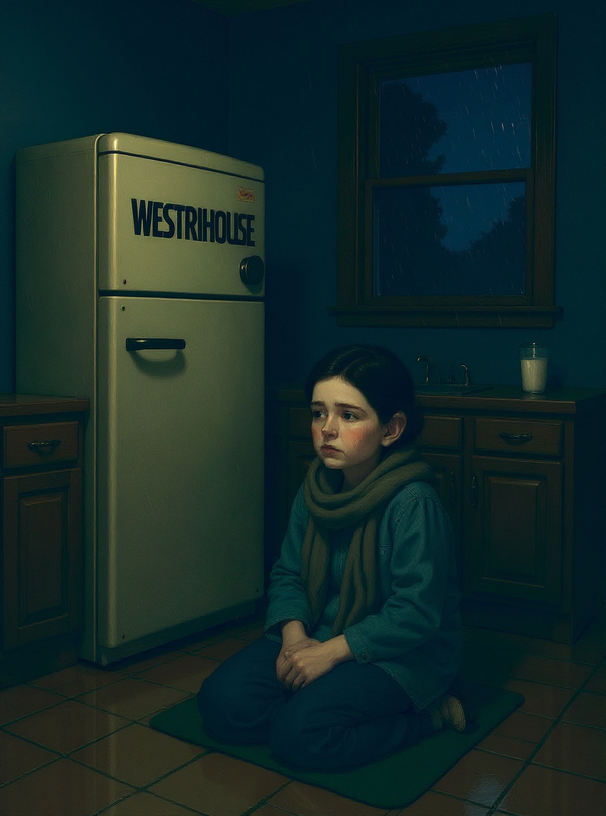 Final: Empty kitchen, the Westinghouse alone in the blue shadows, softly humming, a glass of milk on the counter.