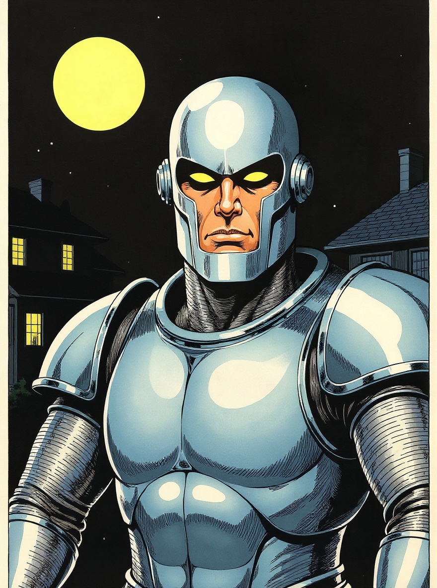 Rom stands alone under the moon, Neutralizer at his side, as the night pulses with unseen threats.