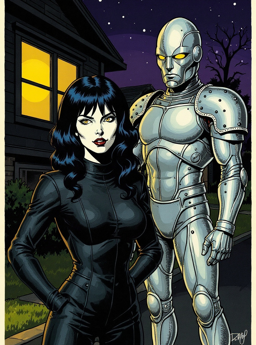 On Earth, the Wraithqueen—in human guises—stands in a suburban night, looking out a kitchen window; in the street, ROM's silver form approaches under the moon.