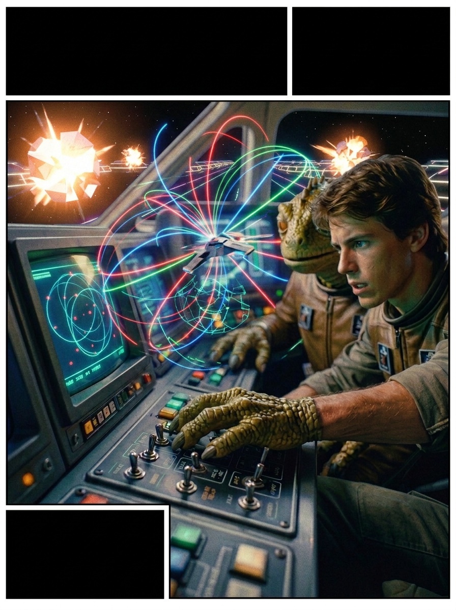 The Gunstar blazes with the Death Blossom, spinning neon arcs that shred the closing Ko-Dan corridor as Alex and Grig brace in the cockpit, faces streaked with colored light.