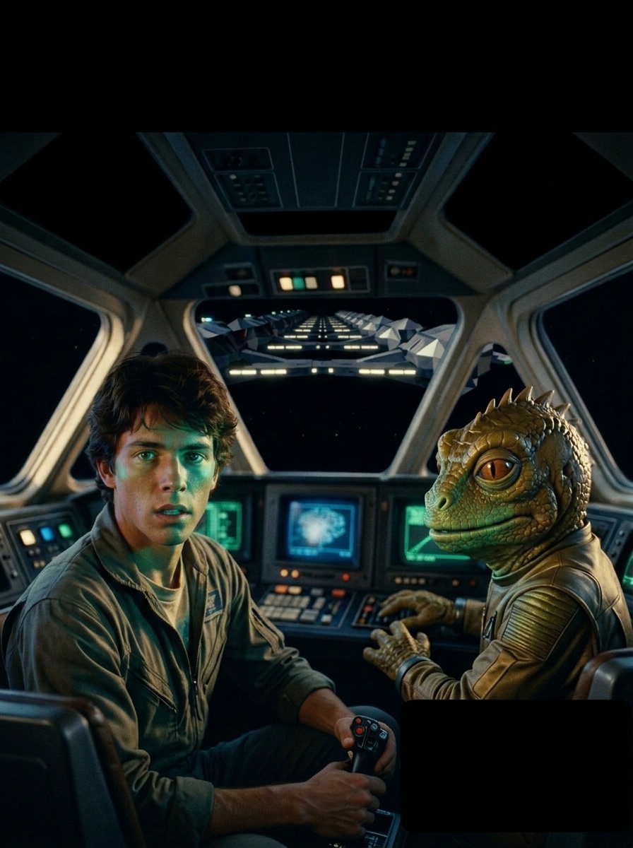 Alex, face tense and restless hands on the controls, glances sidelong at Grig in the cockpit under instrument glow.