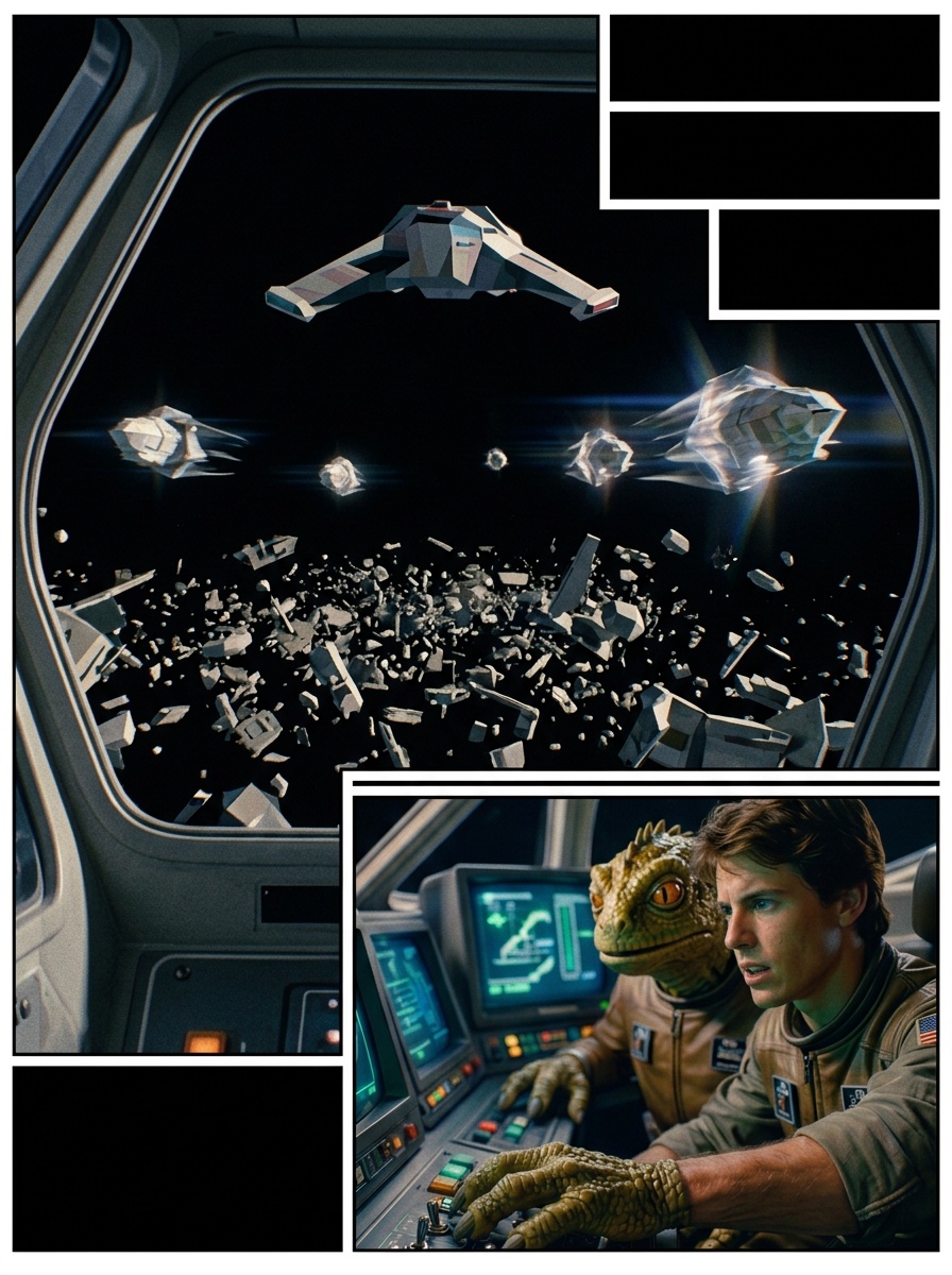 The Gunstar floats above the ruined Ko-Dan ships, distant Rylan transports warp away, cockpit lit softly.