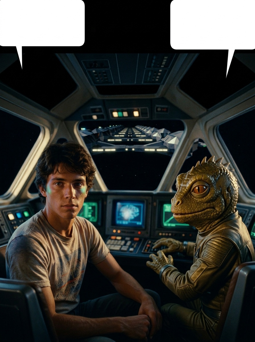 The Gunstar cockpit glides through black space, CRT light bathing Alex and Grig’s faces as a corridor of surrendered Ko-Dan ships stretches ahead, their hull lights glowing in lines.